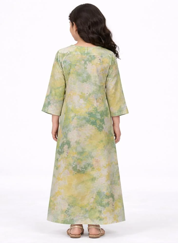 Artemea  Girls Green Digital printed Jalabiya with Embroidered V-Neck – Modest Ankle Length Dress for Women | Best Price UAE